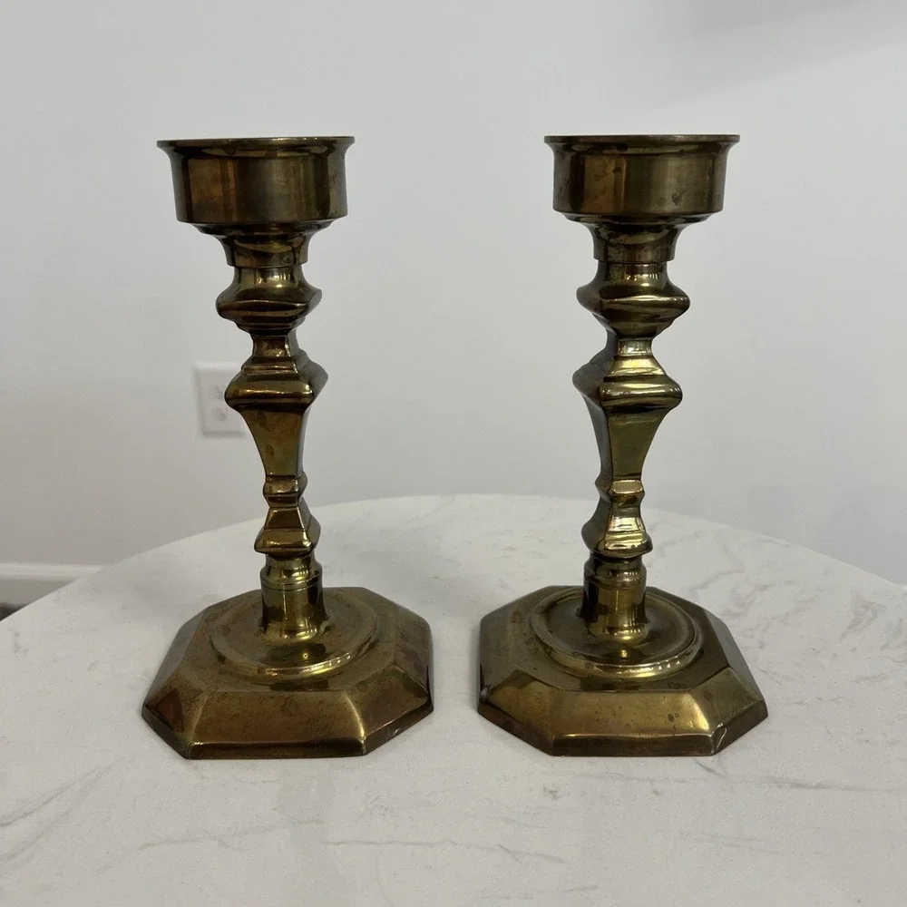 Vtg Solid Brass Candlestick Holders Pair Mantel Farmhouse Colonial Style Decor‎